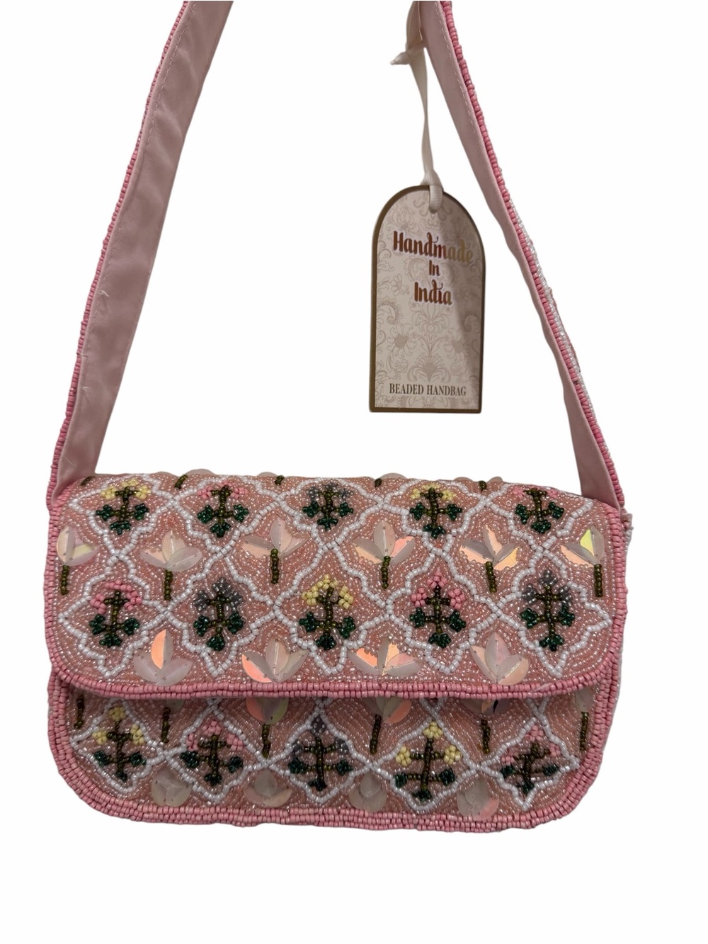 Made in India Pink & Green Garden Trellis Beaded Sequin Floral Bag New Release - Picture 5 of 10
